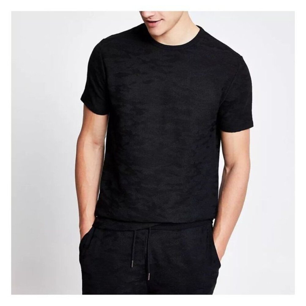 River Island Black Camo Textured Slim Fit Short Sleeve T-Shirt Men’s XL